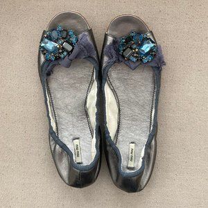 Miu Miu Shoes - Blue & Silver Metallic Leather Scrunchy Ballet Flats Jewel
